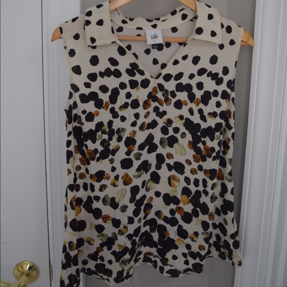 CAbi V-neck blouse, Cream w/ black and brown